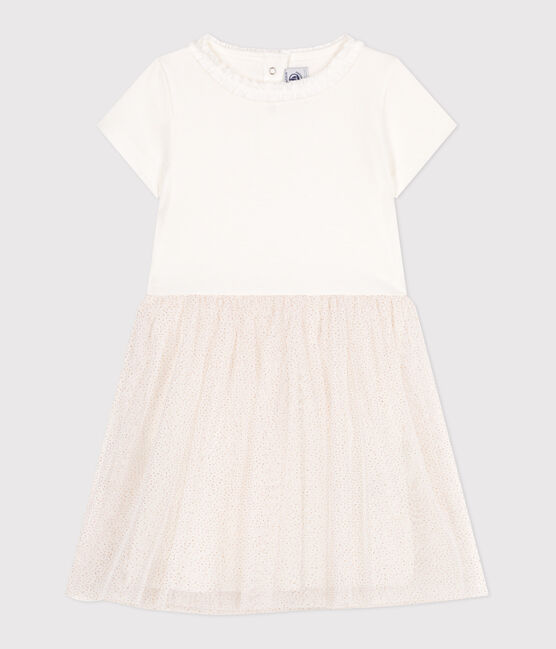 Children's short-sleeved cotton and tulle dress MARSHMALLOW white/COPPER pink