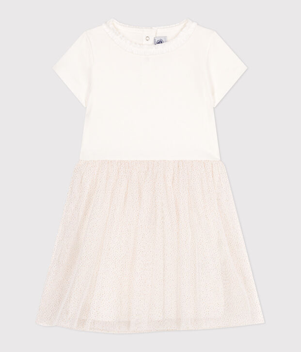 Children's short-sleeved cotton and tulle dress white/pink
