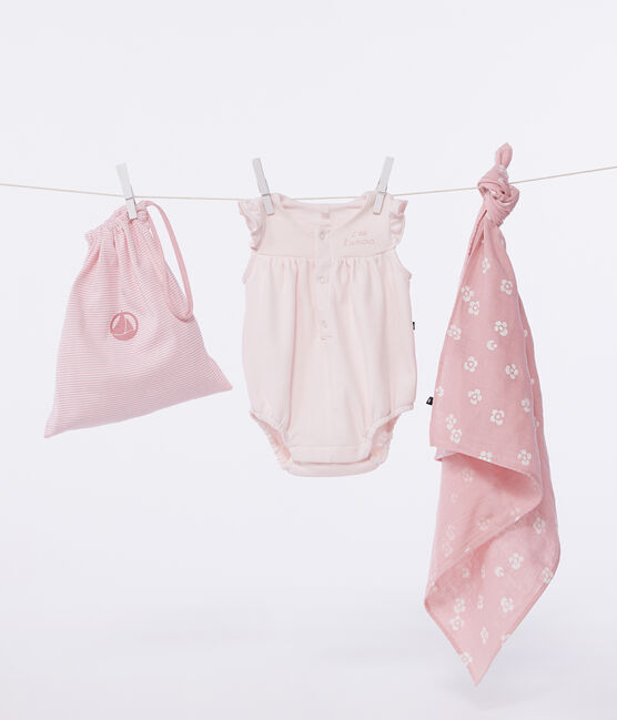 Two-piece newborn baby set with rompers and a muslin FLEUR pink