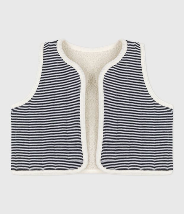 Babies' sleeveless cardigan in pinstriped cotton and sherpa Ecru/multicolor