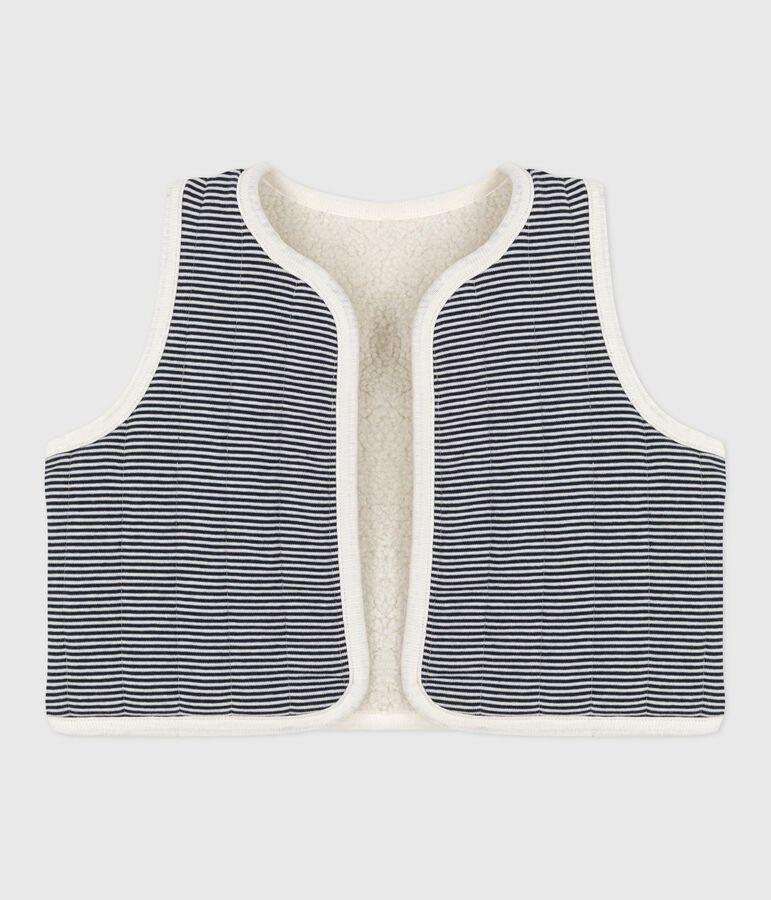 Babies' sleeveless cardigan in pinstriped cotton and sherpa Ecru/multicolor