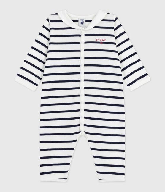 Babies' footless stripy boat-neck cotton pyjama suit MARSHMALLOW white/SMOKING blue