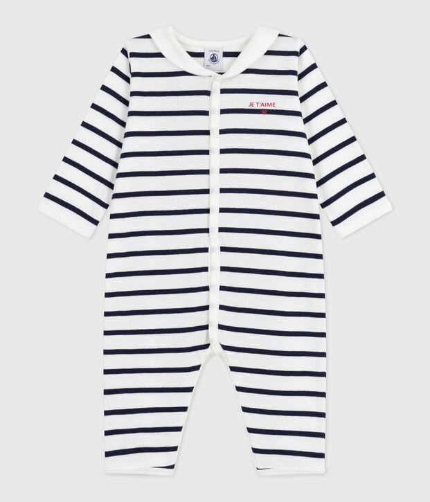 Babies' footless stripy boat-neck cotton pyjama suit white/blue