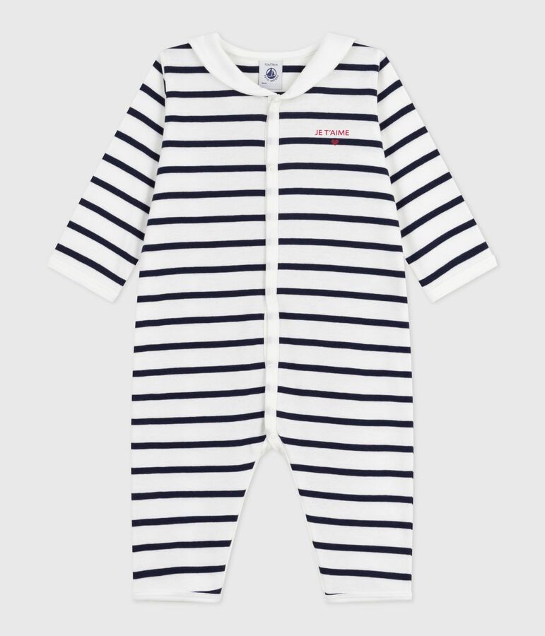 Babies' footless stripy boat-neck cotton pyjama suit white/blue
