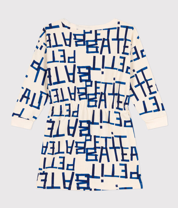 Girls' long-sleeved printed dress in brushed fleece. Ecru/multicolor