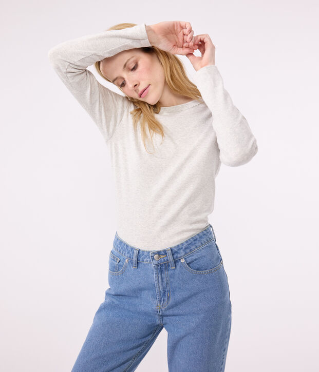 Women's plain rib knit long-sleeved Iconic T-shirt BELUGA CHINE