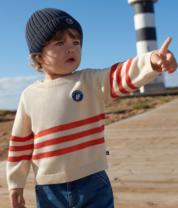 Babies' cotton jumper with placed stripes and a badge on the chest red/red