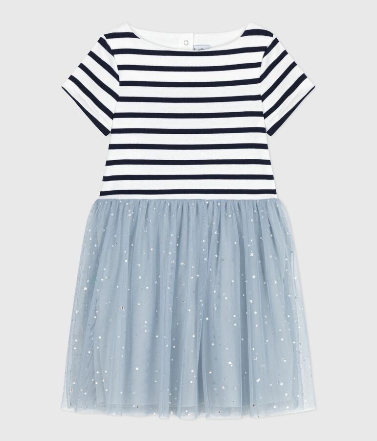 Children's short-sleeved stripy cotton dress blue/multicolor