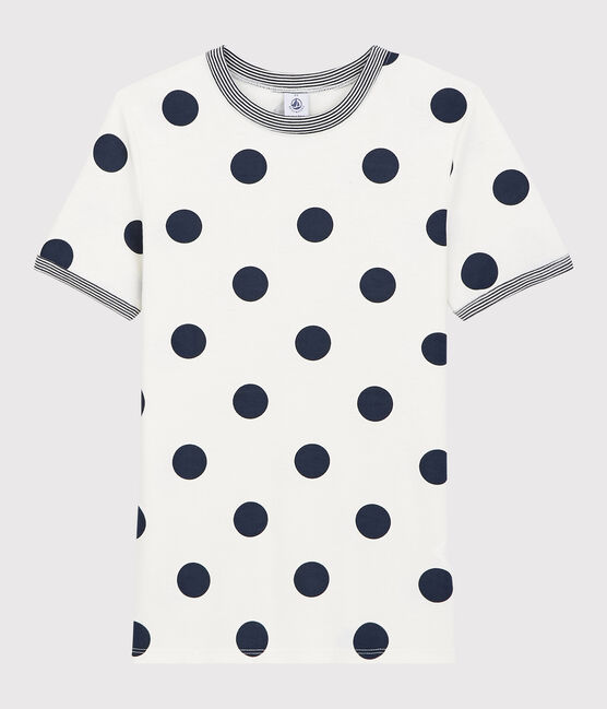 Women's Spotted Round-Neck Cotton T-Shirt MARSHMALLOW white/MEDIEVAL blue