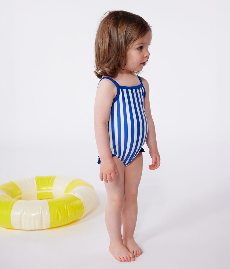 Babies' one-piece swimsuit with frills and a stripy print. blue/white
