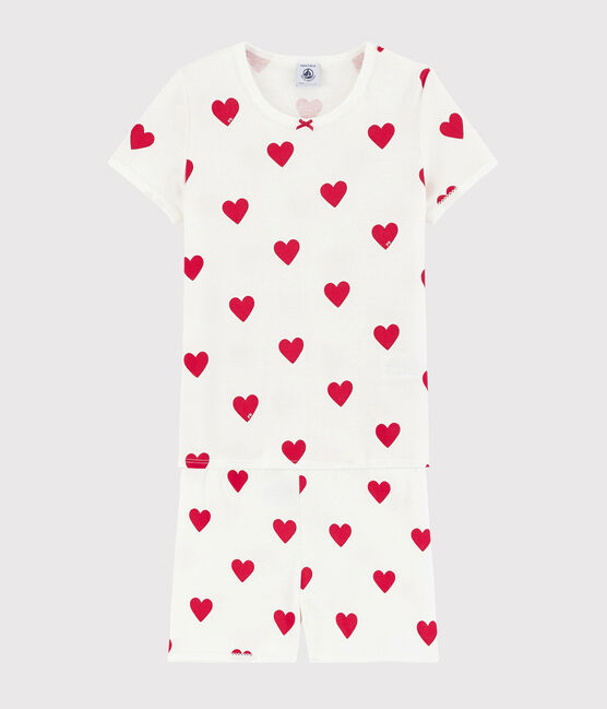 Girls' Heart Patterned Cotton Short Pyjamas MARSHMALLOW white/TERKUIT red