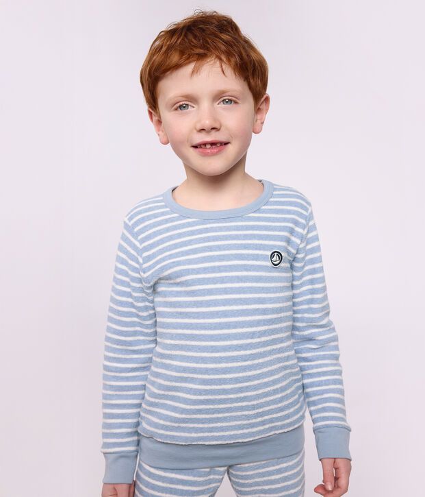 Children's stripy cotton terry pyjamas blue/ecru