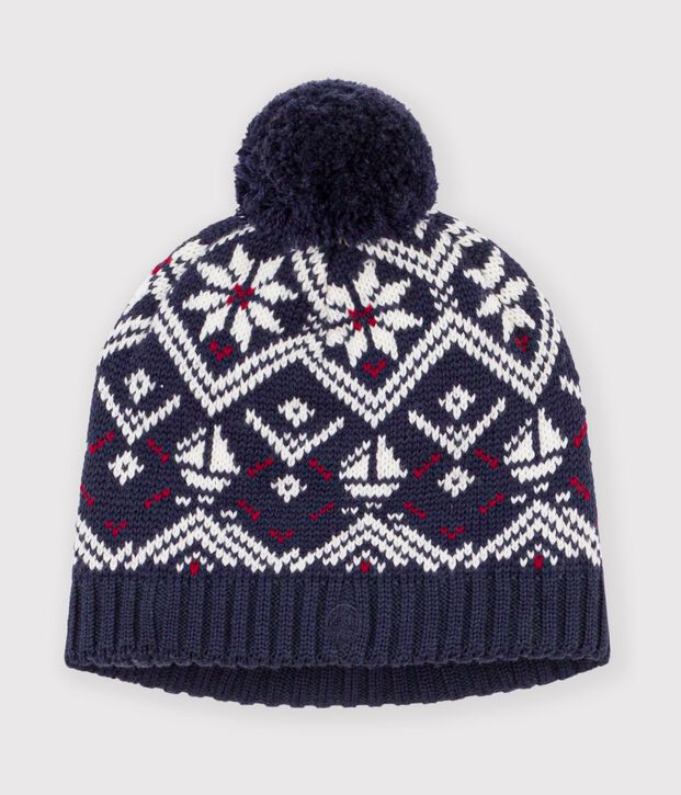 Children's jacquard hat in wool and cotton with fleece lining blue/ecru/red