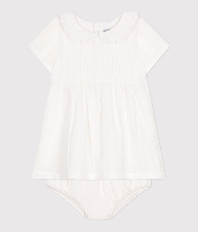 Babies' white cotton dress and bloomers with pretty openwork details white