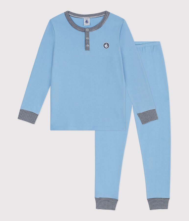 Children's plain cotton pyjamas with a grandad neckline blue