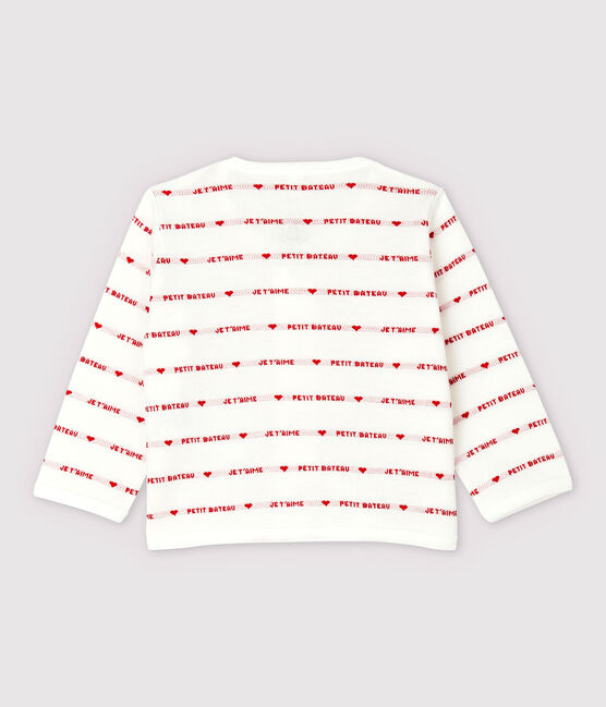 Petit Bateau Babies' Organic Cotton Cardigan With Woven "Je t'aime" MARSHMALLOW white/TERKUIT red