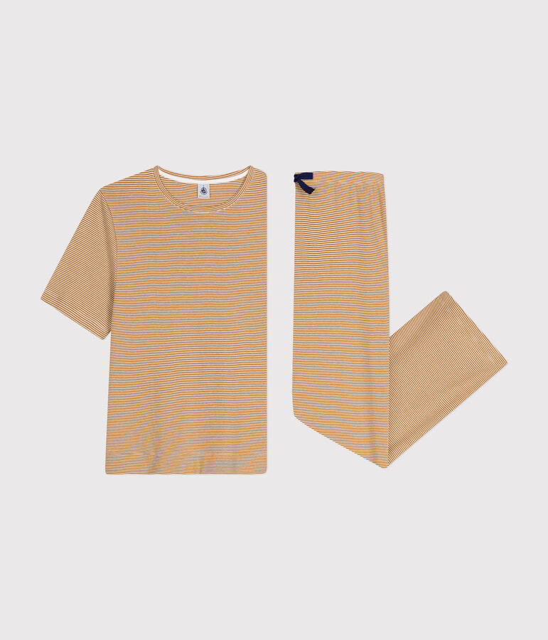 Women's stripy cotton pyjamas CUIVRE brown/MARSHMALLOW