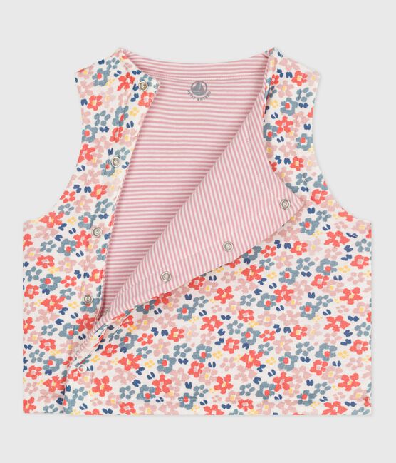 Babies' sleeveless reversible printed cotton cardigan MARSHMALLOW white/JOLI pink