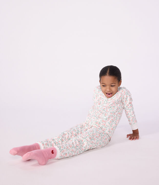 Children's fleece pyjamas with flowers white/multicolor