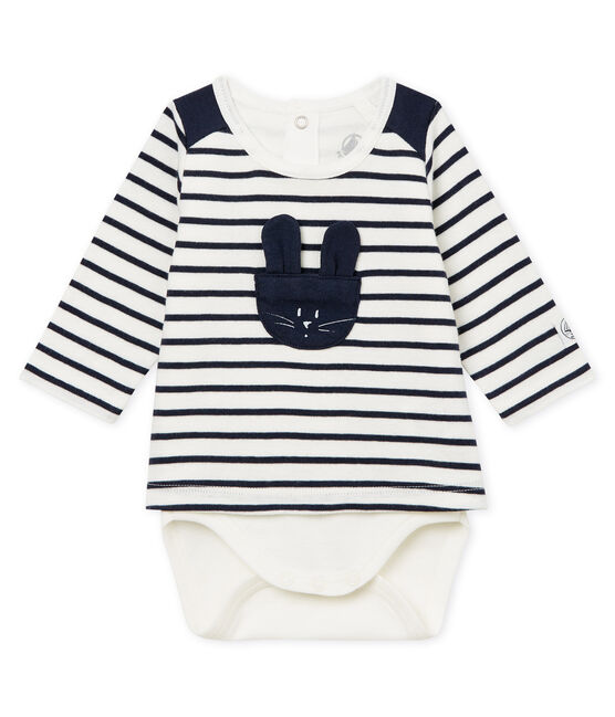 Baby boys' striped T-shirt/bodysuit MARSHMALLOW white/SMOKING blue