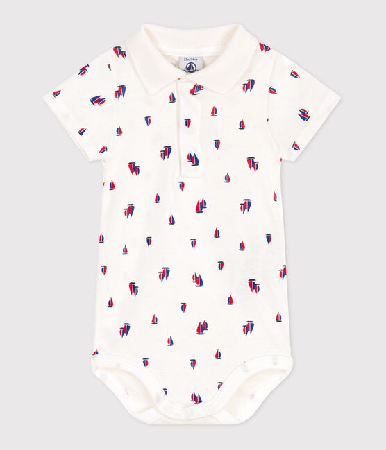 Babies' short-sleeved cotton body with a boat print MARSHMALLOW white/MULTICO white