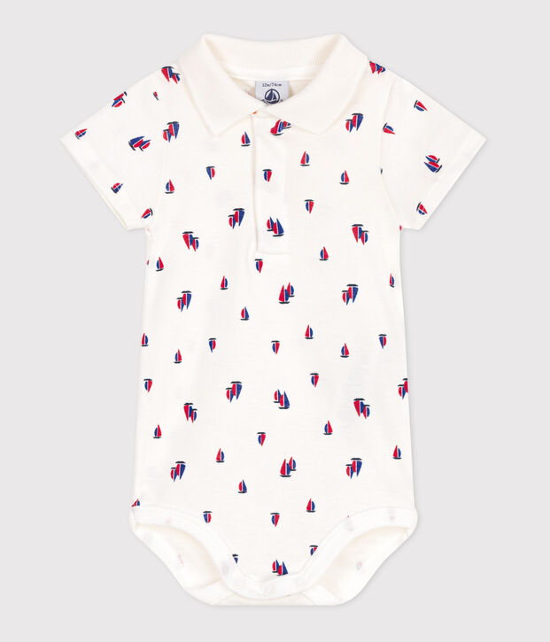 Babies' short-sleeved cotton body with a boat print white/multicolor