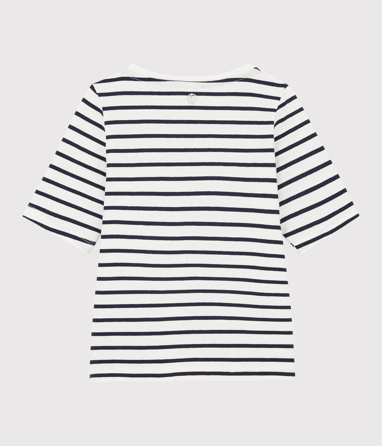 Girls' striped T-shirt MARSHMALLOW white/SMOKING blue