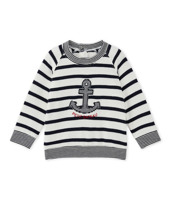 Baby boy's sailor-striped sweatshirt MARSHMALLOW white/SMOKING blue