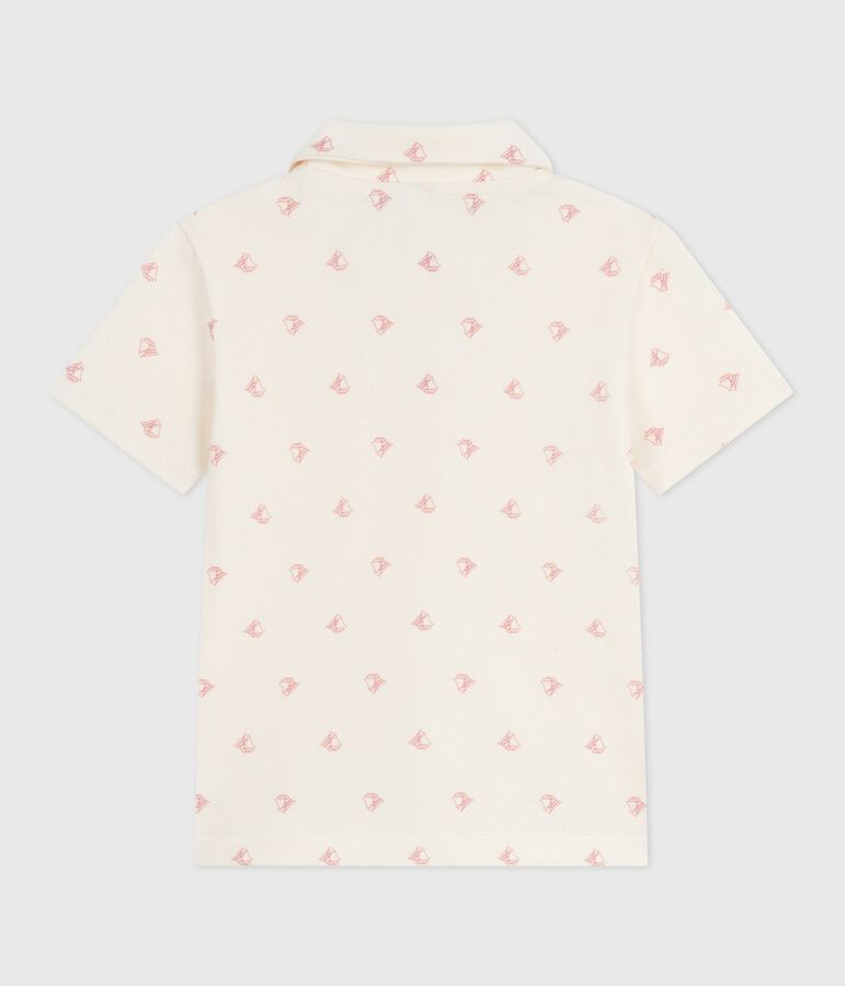 Children's short-sleeved printed cotton polo shirt Ecru/red