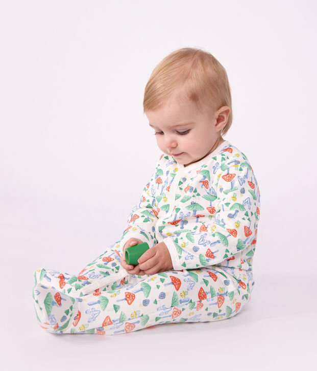 Babies' patterned fleece pyjama suit printed with mushrooms white/multicolor