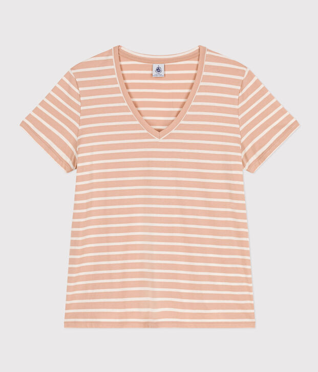Women's Straight V-Neck Cotton T-Shirt beige/ecru