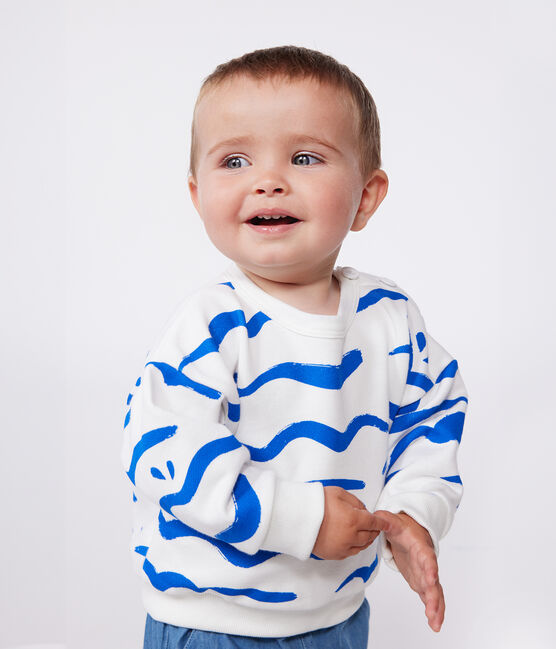 Babies' cotton sweatshirt with a shark print MARSHMALLOW blue/PORCELANA