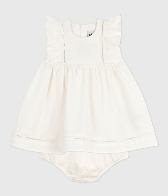 Babies' plain and embroidered sleeveless cotton dress with matching bloomers ECUME white