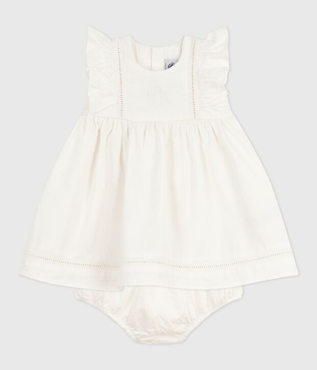 Babies' plain and embroidered sleeveless cotton dress with matching bloomers white