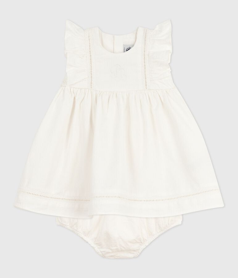 Babies' plain and embroidered sleeveless cotton dress with matching bloomers ECUME white