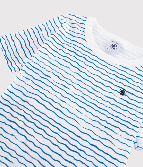 Boys' Snugfit Wave Print Cotton Short Pyjamas MARSHMALLOW white/COOL blue