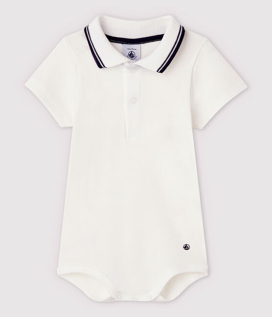 Babies' Short-Sleeved Cotton Bodysuit with Polo Shirt Collar MARSHMALLOW white