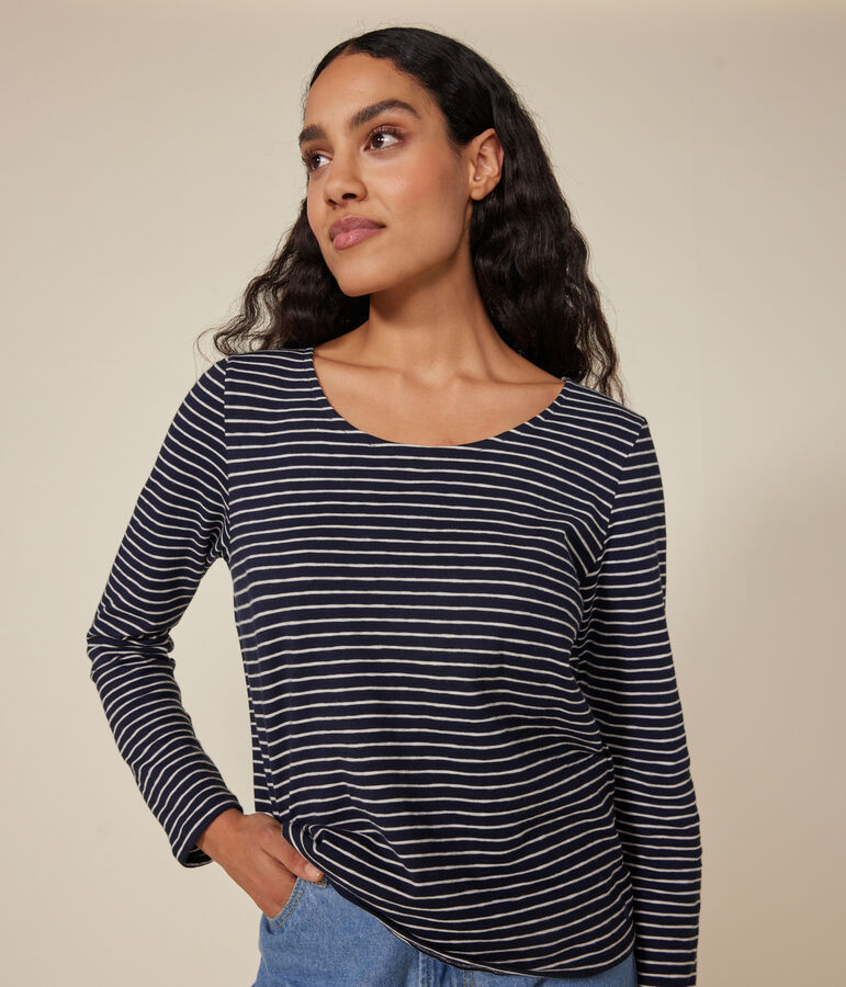 Women's Straight long-sleeved scoop neck T-shirt in slub jersey. blue/beige