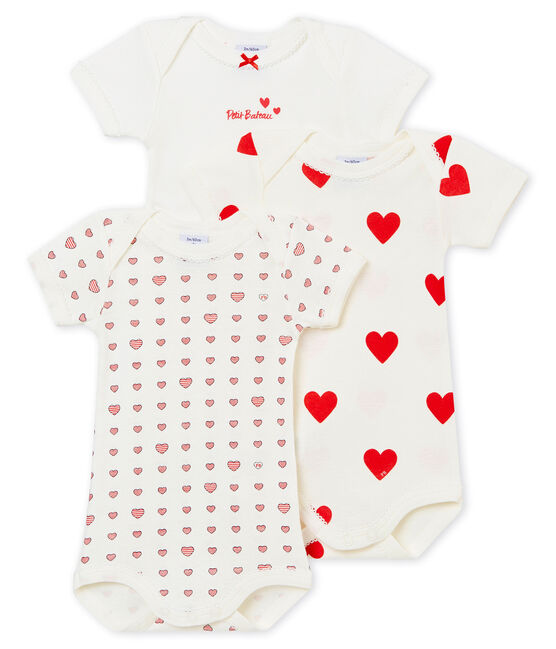 Petit Bateau BABIES' GIRL RED HEARTS FOOTIE SIZES 1-3 MONTH