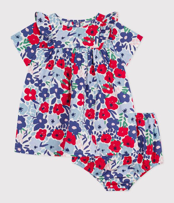 Babies' short-sleeved cotton dress and matching bloomers printed with hearts MARSHMALLOW white/MULTICO white