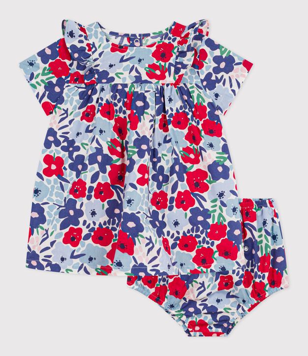 Babies' short-sleeved cotton dress and matching bloomers printed with hearts white/multicolor