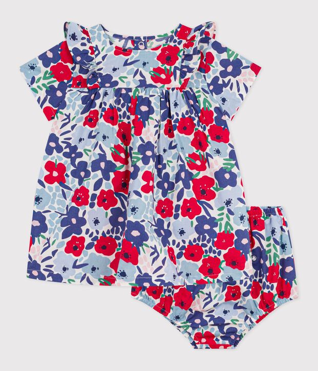 Babies' short-sleeved cotton dress and matching bloomers printed with hearts white/multicolor