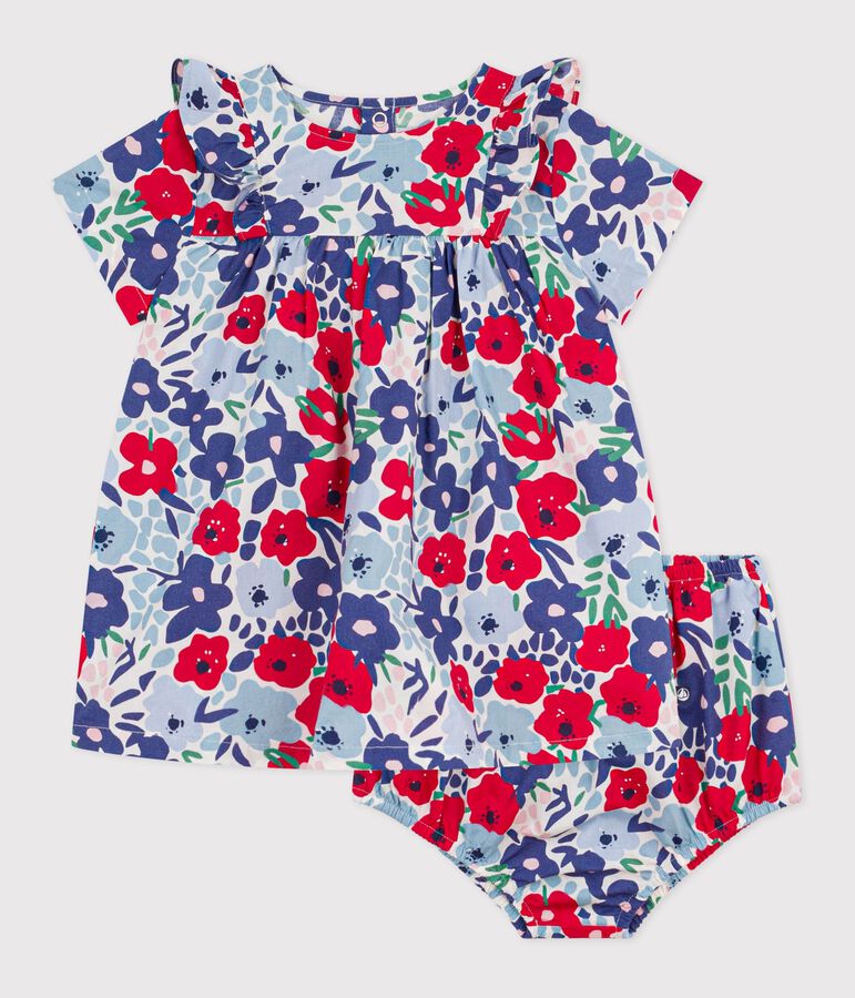 Babies' short-sleeved cotton dress and matching bloomers printed with hearts white/multicolor