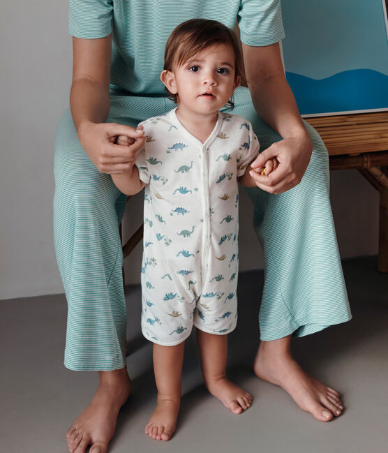 Babies' short dinosaur-pattern cotton jumpsuit MARSHMALLOW white/MULTICO white