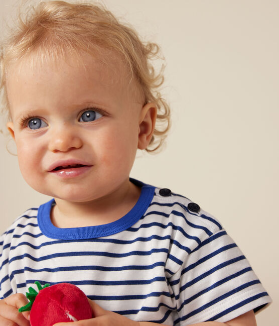 Babies' short-sleeved T-shirt in fine jersey MARSHMALLOW white/MEDIEVAL blue