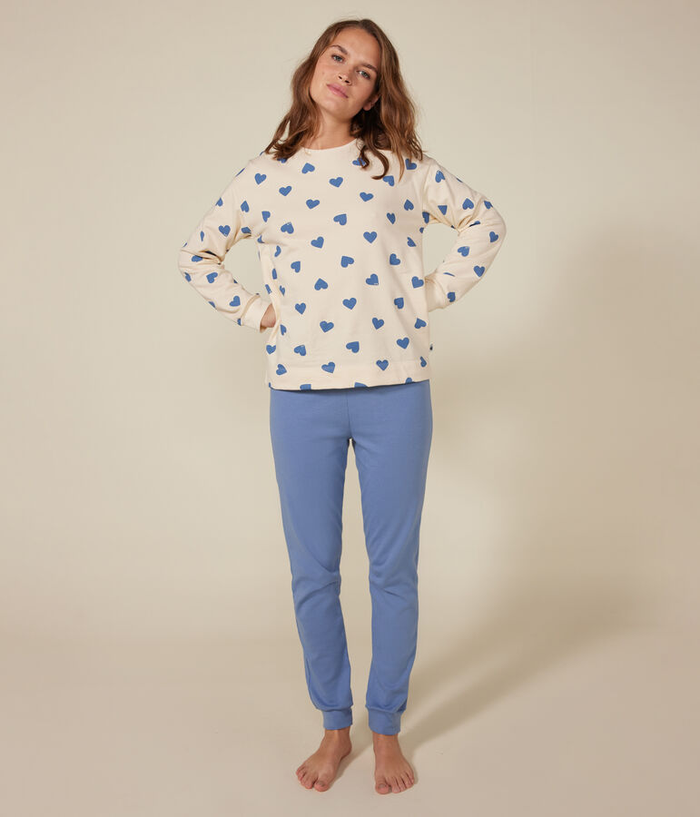 Women's cotton pyjamas in two materials blue/ecru
