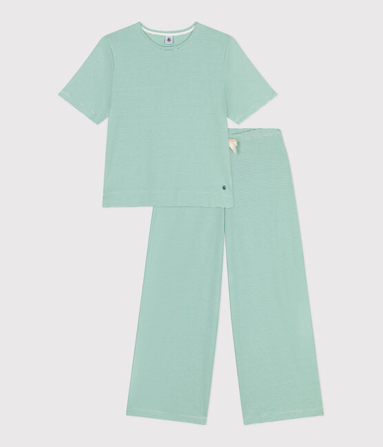 Women's wide-leg stripy cotton pyjamas ALOEVERA green/MARSHMALLOW white