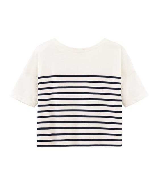 Women's short-sleeved stripy breton top MARSHMALLOW white/SMOKING blue