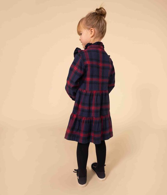 Girls' long-sleeved checked dress in checked cotton flannel SMOKING blue/MULTICO white