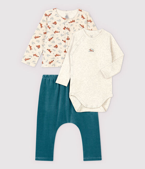 Babies' Velour and Rib Knit Three-Piece MONTELIMAR beige/MULTICO white